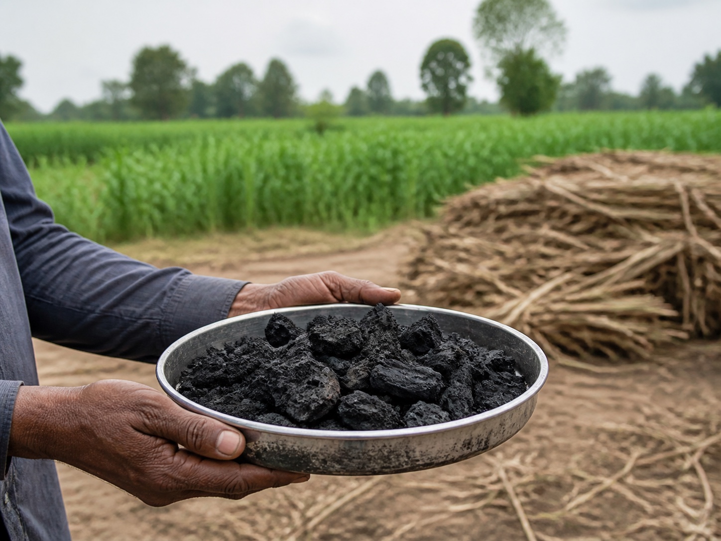 Operator holding a tray of porous biochar beside an agricultural field