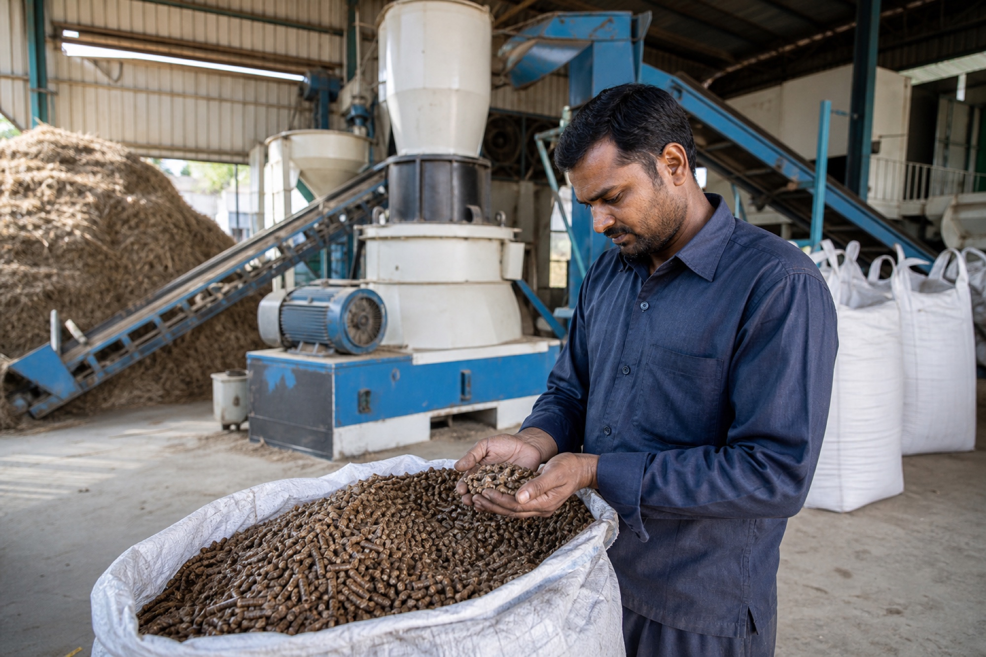 Indian pellet-plant operator inspecting finished biomass pellets beside the production line