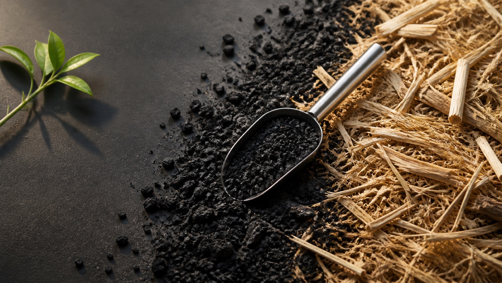 Macro shot of dry crop residue turning into dark biochar, with a green seedling emerging beside it