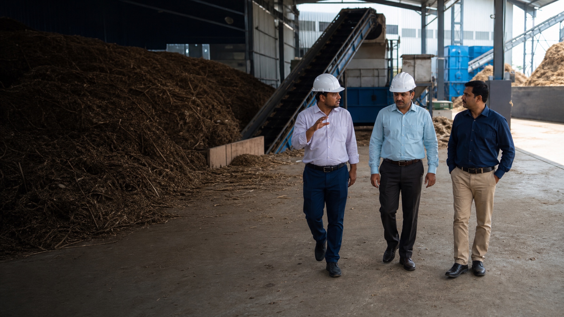 Plant operators walking past a large pile of raw crop residue inside a biomass facility
