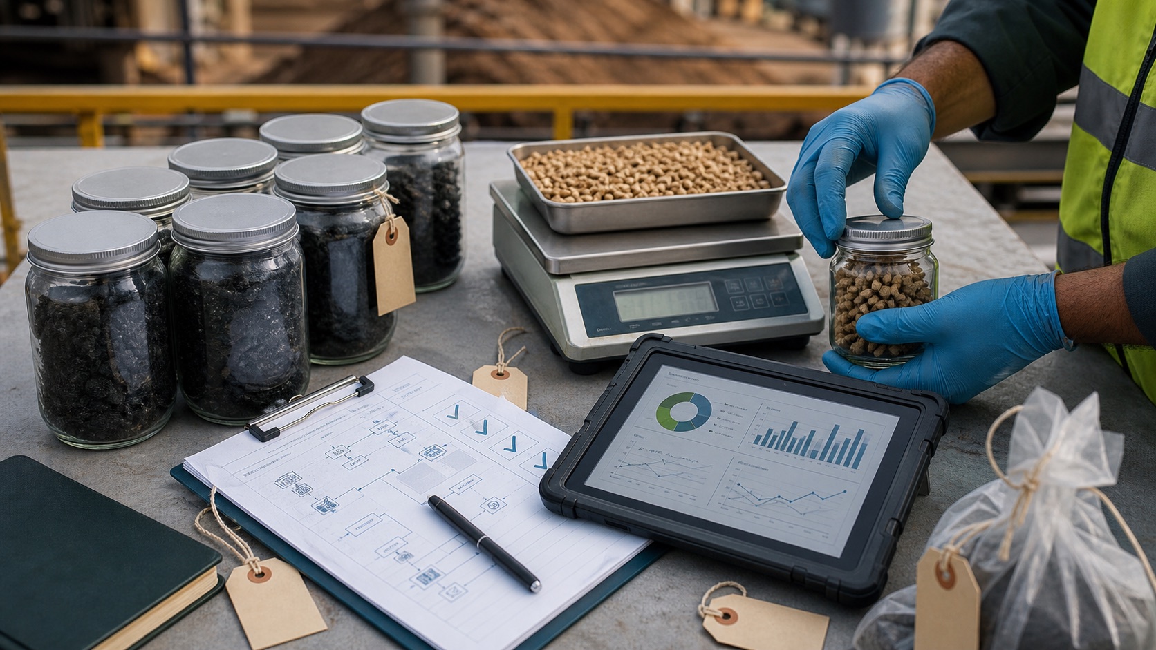 Biochar and biomass pellet samples arranged with measurement records for due diligence